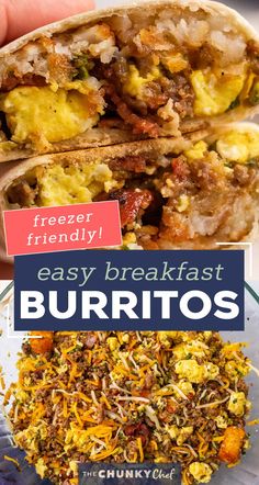 two breakfast burritos on a plate with text overlay that reads freezer friendly easy breakfast burritos