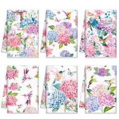 six napkins with colorful flowers and hummingbirds on them, all printed in different colors