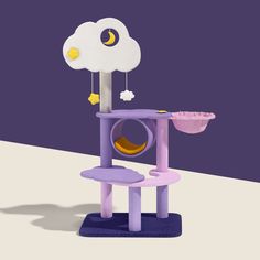 a purple and white cat tower with a yellow moon on top, in front of a purple background