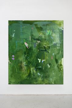 an abstract painting with lots of green and pink flowers on the bottom half of it