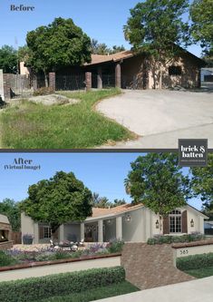 before and after photos of a house in the middle of a yard with trees, shrubs, and bushes