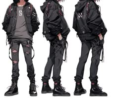 three different views of a man in black clothes with hoodie and ripped up pants