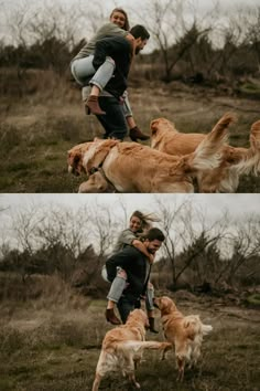 two people are playing with their dogs in the grass and one person is hugging his dog