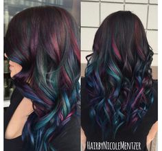 Fun colors for people with dark hair Mermaid Oil, Oil Slick Hair Color, Galaxy Mermaid, Oil Slick Hair, Peekaboo Hair Colors, Slick Hair, Ariel Hair, Peekaboo Hair, Real Human Hair Extensions