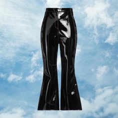 - High Waisted - Kick-Flare, Cropped Leg - Glossy, Black Patent Pvc - Contrast Orange Topstitching - Size Uk 6/Us 2 Crop Flare, Kick Flares, Cropped Flares, Flare Trousers, Pant Jumpsuit, Size 2, Trousers, High Waisted, Orange