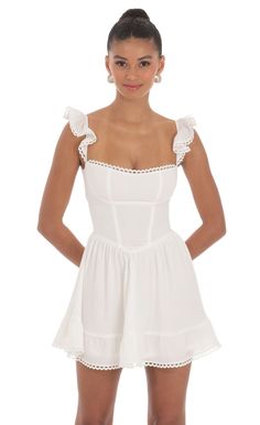 Embroidered Trim A-line Dress in White | LUCY IN THE SKY Short Flowy Dress, Flowy Dress Short, Flowy Sundress, Flowy Summer Dresses, Casual Sundress, Corset Mini Dress, Backless Mini Dress, Mini Dresses For Women, Ruffle Mini Dress