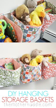 stuffed animals in storage baskets hanging on the wall with text overlay that reads diy hanging storage baskets