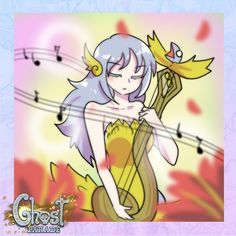 a cartoon character holding a musical instrument with music notes behind her and an orange bird perched on top of it