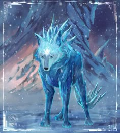 a blue wolf standing in the snow with ice on its back and his eyes closed