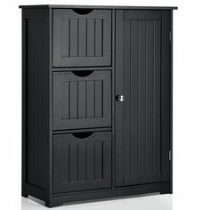 a black storage cabinet with three drawers