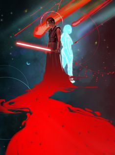 a woman in a red dress standing next to a man with a light saber on his shoulder