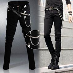 80s Punk Fashion Guide – Outfits and Inspiration for 2022 Baggy Jeans Outfit Men, Punk Fashion Men, 80s Punk Fashion, Black Slim Fit Jeans, Jeans With Chains, Baggy Jeans Outfit, Jeans Outfit Men, Cotton Casual Pants, Pants Korean