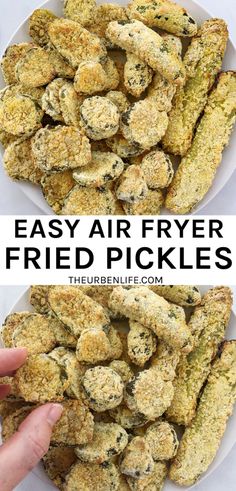 two plates filled with fried pickles and the words easy air fryer fried pickles