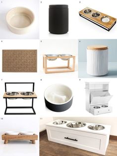 an assortment of kitchen items including bowls, cups and trays