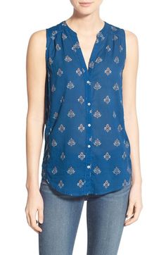 Paige Denim 'Bonnie' Print Sleeveless Cotton Top available at #Nordstrom Cotton Tops For Jeans, Tops Designs For Jeans, Sleeveless Top Outfit, Tunic Shirts, Blouse Sewing, Projects Design