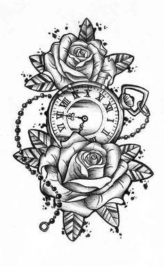 a tattoo design with roses and an old pocket watch on the side, in black ink