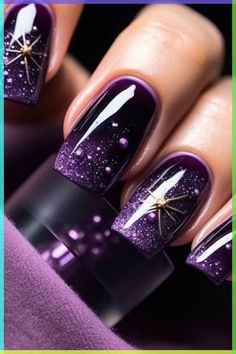 Dark Valentine Nails Designs, Purple Nails For Valentines Day, Purple Silver And Black Wedding Ideas, Dark Purple Nail Designs Short, Purple Sparkle Nail Design, Dark Purple Wedding Nails, Dark Purple Nail Art Designs, Dark Purple Acrylic Nails Design, Dark Purple Nails Short