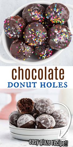 chocolate donut holes with sprinkles in a white bowl