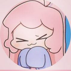 a cartoon girl with pink hair is holding her head in her hands and looking down