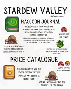 the stardew valley raccoon journal info sheet is shown in this image