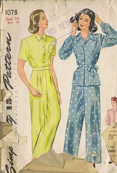 Simplicity Pattern Pattern Number 1078 Copyright: 1944 Vintage 40's Two Piece Pajamas Pattern The Trouser pattern have top-stitched pleats at the front and back and are joined at the upper edge to a waist band which buttons at the left side. The Pajama Top is gathered to a yoke in back. Style 1 is short sleeved with one patch pocket. Style 2, with long sleeves, has two patch pockets. The belt is optional. Pajamas Pattern, 40's Fashion, Trouser Pattern, Expensive Clothes, 40s Fashion, Slumber Party, Night Wear, Simplicity Patterns