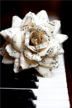 an image of music is life written with sheet music and a rose on piano keys