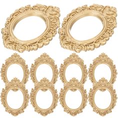 a set of gold frames with ornate designs on the edges and sides, all in different sizes