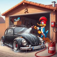 an image of a car being washed in the garage by a cartoon character with a hose