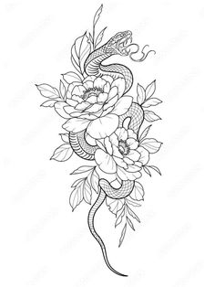 a snake and flowers tattoo design