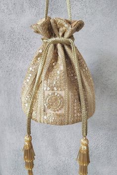 Bella Gold Potli Bag - Etsy Saudi Arabia Bags Patterns, Pumpkin Patch Outfit, Potli Bag, Potli Bags, Net Fabric, Crochet Free, Crochet Bag Pattern, Gold Threads, Embroidered Silk