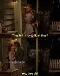 a man and woman kissing in front of a window with the caption, they fell in love didn't they? yes, they did