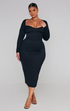 Sweetheart Neckline Dress, Look Plus Size, Dress Long Sleeves, Neckline Dress, Sweetheart Dress, Graduation Outfit, Sleeve Midi Dress, Long Sleeve Midi