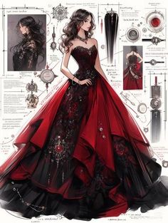 Black And Red Dress, Red And Black Dress, Dreamy Gowns, Dress Illustration, Clothing Art, Dress Art, Old Fashion Dresses, Paris Mode