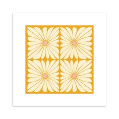 a yellow and white print with flowers on it