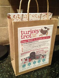 a turkey trot bag sitting on top of a counter