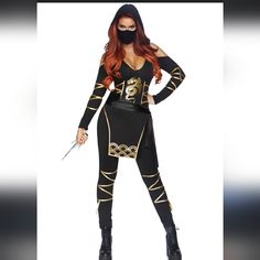 New In Bag. Includes: Hooded Cold Shoulder Catsuit With Dragon Accents And Wrap Around Ties, Waist Sash, And Face Mask. Plz See Pics And Bundle To Save. I Average 1 Day Shipping And You Will Get Amazing Customer Service From A 5 Star Poshmark Ambassador. Waist Sash, Leg Avenue, Women Legs, Catsuit, Face Mask, Women Shopping, Black, Color