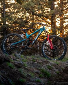 a blue and red mountain bike parked on the side of a hill