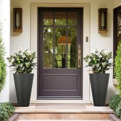 two large planters are on the front steps of a house with an entry door