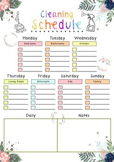 a cleaning schedule with flowers and plants