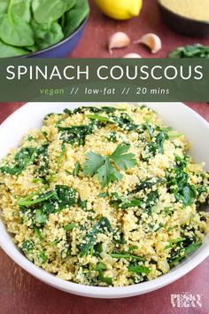 spinach couscous in a white bowl on a table