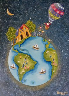 a painting of the earth with people floating around it