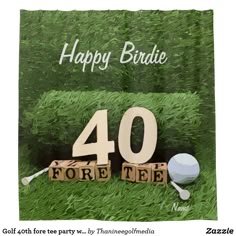 a happy birthday card with golf balls and tees on the grass, in front of a sign that says happy bride 40 for ten