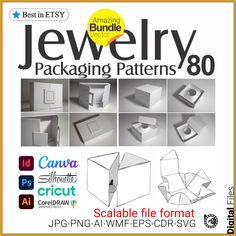 an advertisement for jewelry packaging patterns, including square and rectangle shaped boxes with different shapes