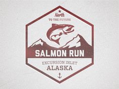 the logo for salmon run is shown in red and white, with an eagle on it