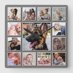 a square wall clock with photos of people and their pets on it's sides