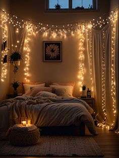 The combination of lights, decorations, and the wooden furniture creates an inviting atmosphere filled with warmth and holiday cheer. Bedroom Soft Lighting, Wall String Lights Bedroom, Cozy Bedroom Lights, Fairy Lights Bedroom Aesthetic, Twinkle Lights Bedroom, Candle Lit Room, Safe Bedroom, String Lights Bedroom, Lights Bedroom Decor