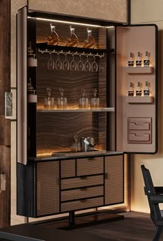 an open cabinet with liquor bottles in it