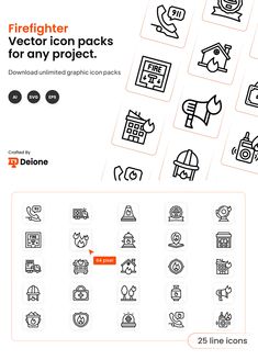 the firefighter icon pack for any project includes 25 line icons, including symbols and buttons