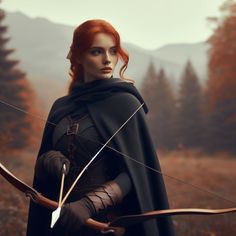 a woman with red hair holding a bow and arrow