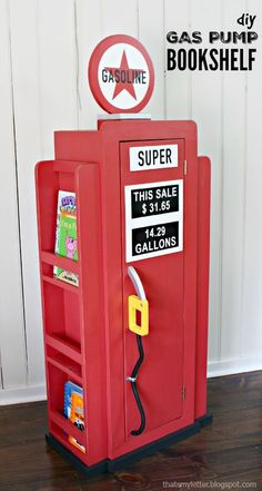 an old fashioned gas pump book shelf is painted red and has a sign on it